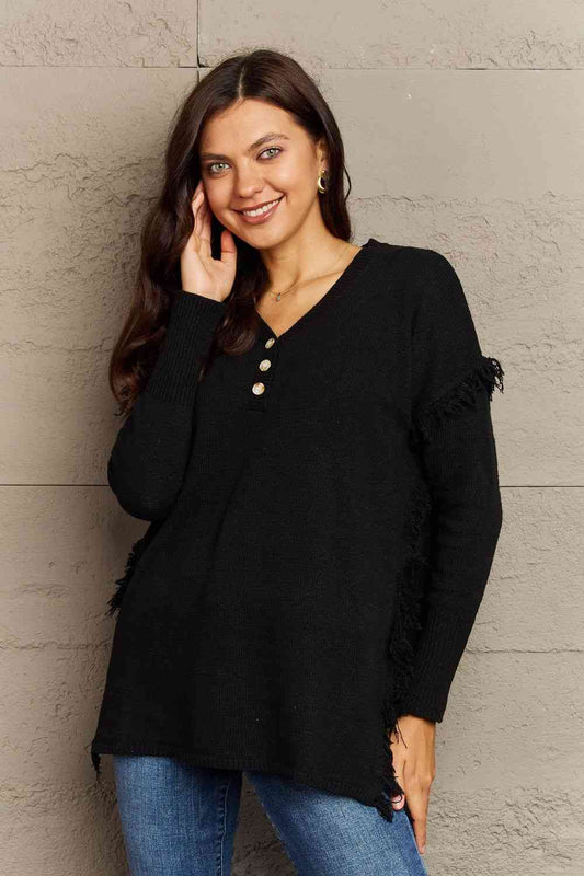 Ninexis Full Size Buttoned Dropped Shoulder Raw Hem Pullover Sweater Black