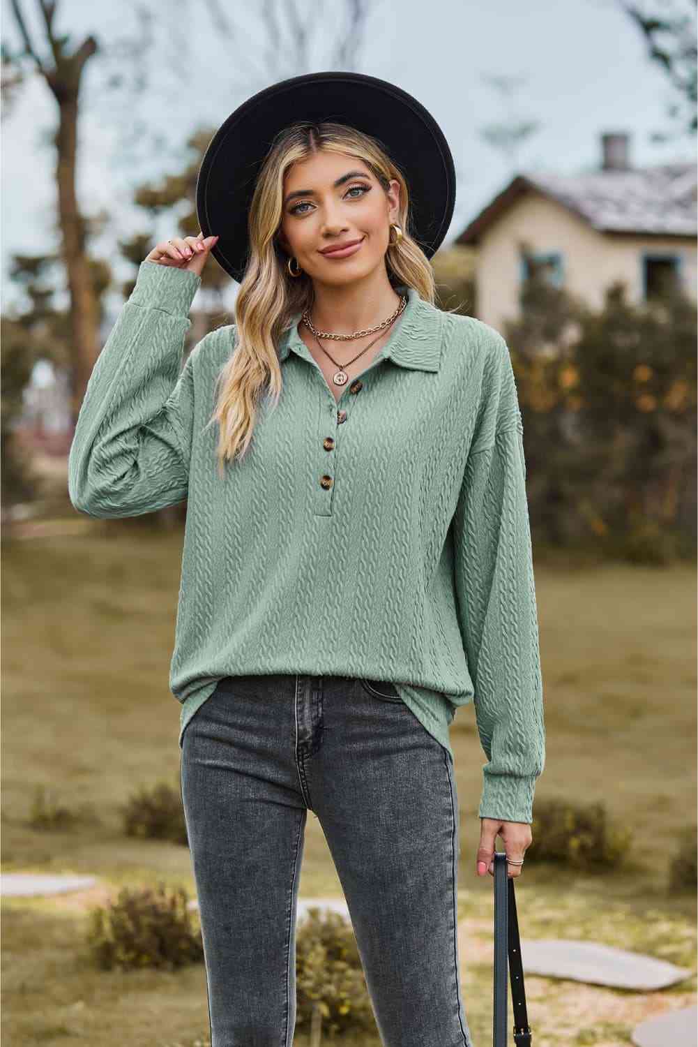 Collared Neck Long Sleeve Blouse Sage