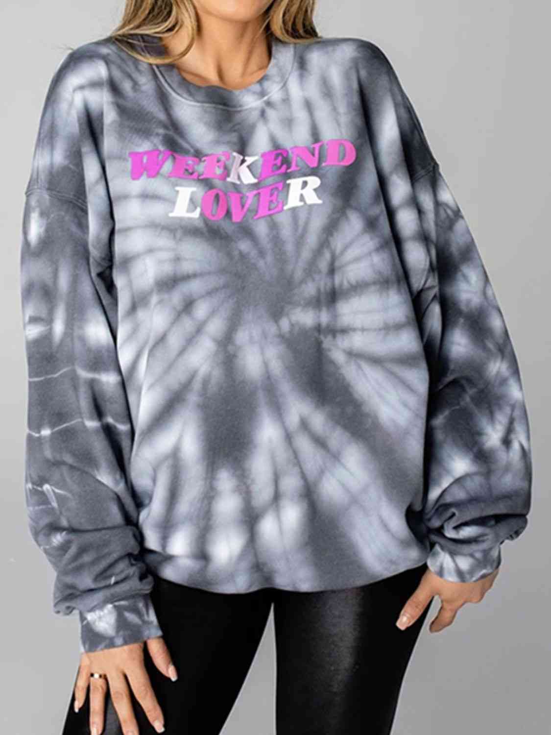 WEEKEND LOVER Graphic Tie-Dye Sweatshirt Charcoal