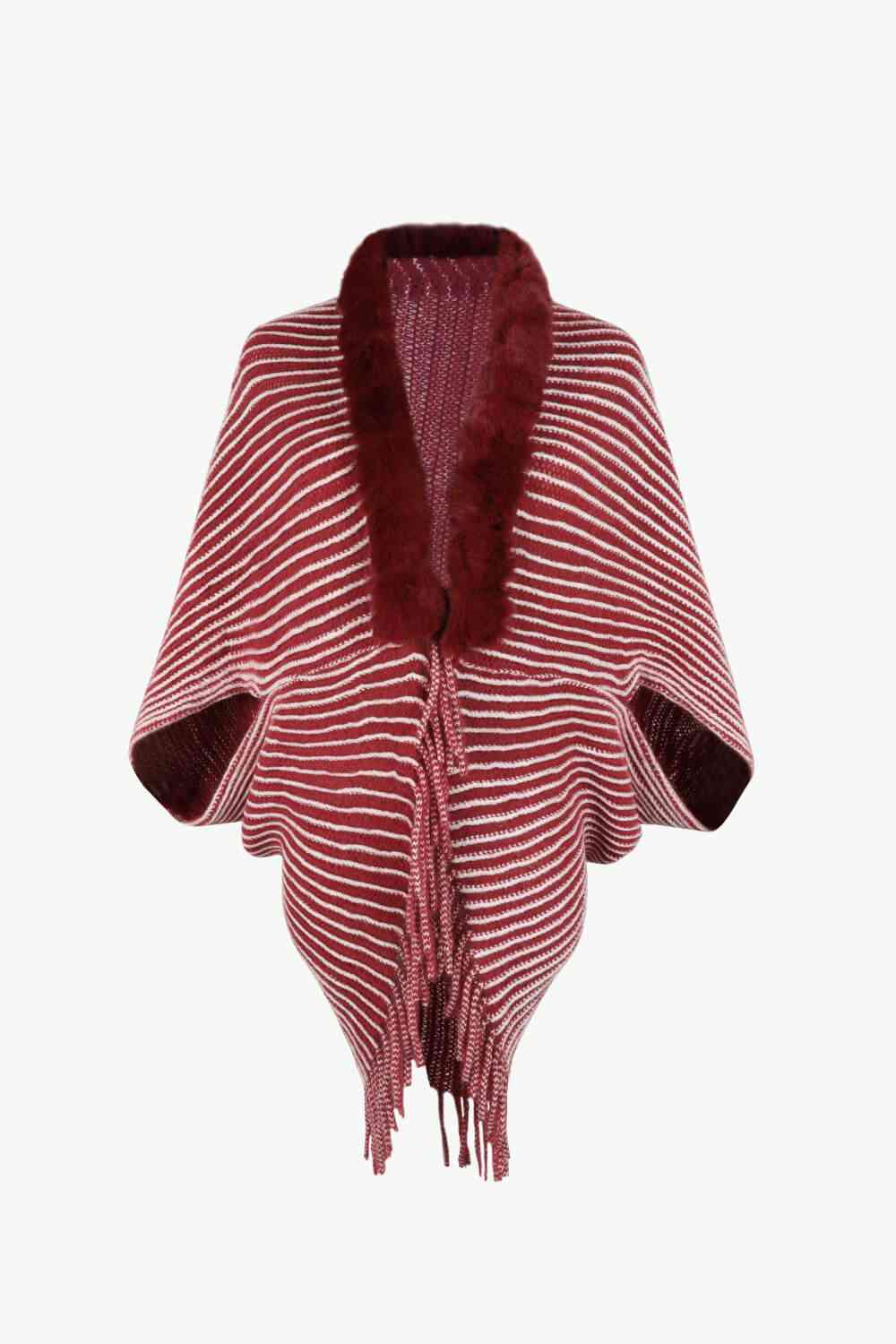 Striped Open Front Fringe Poncho Wine One Size