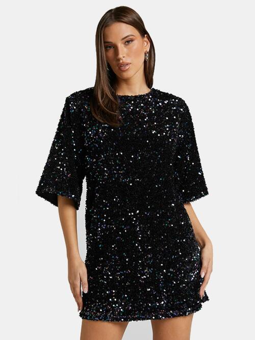 Sequin Tie Back Half Sleeve Mini Dress Black