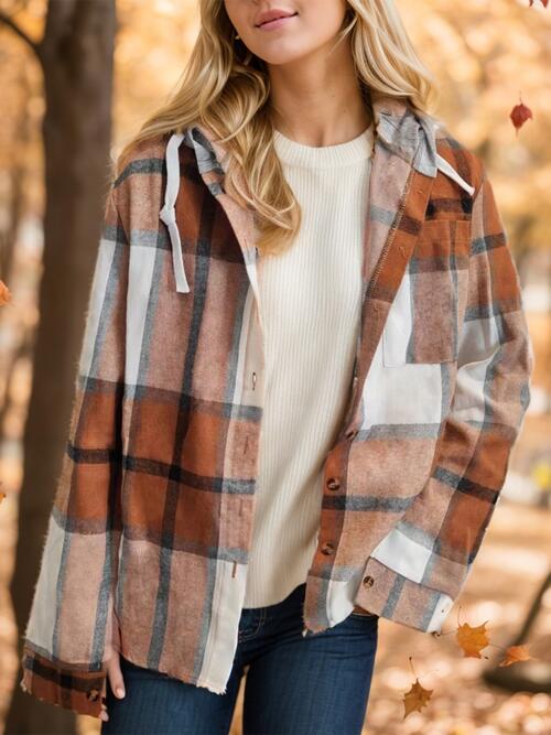 Plaid Button Up Drawstring Hooded Shirt Camel