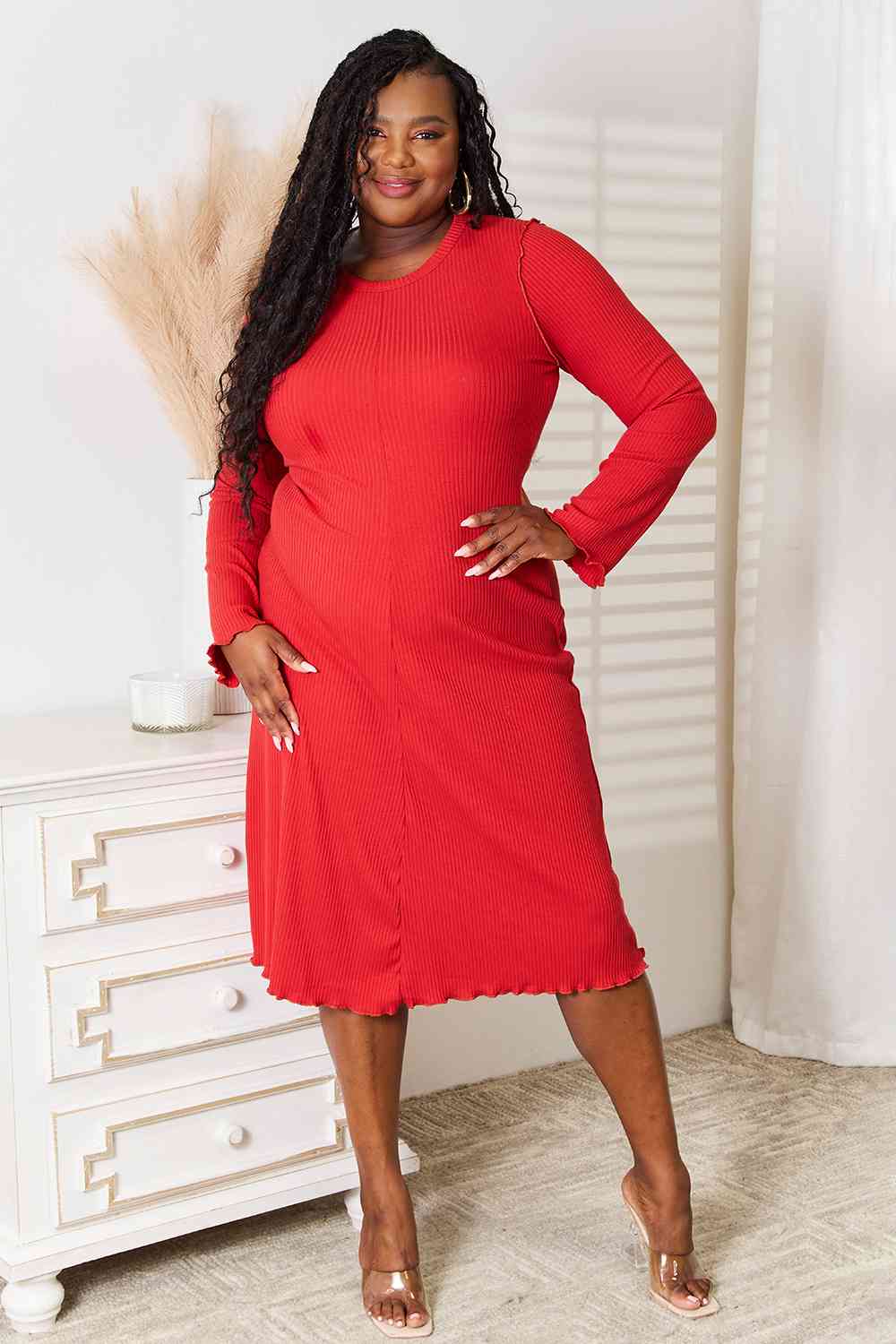 Culture Code Full Size Round Neck Long Sleeve Dress Red