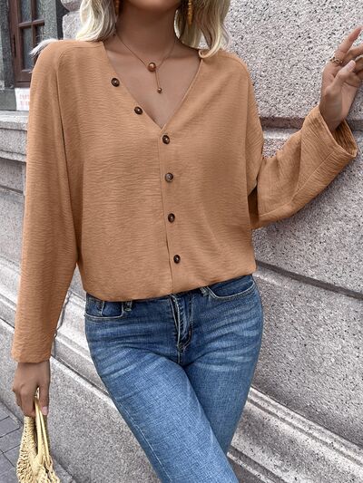 Button Up V-Neck Long Sleeve Shirt