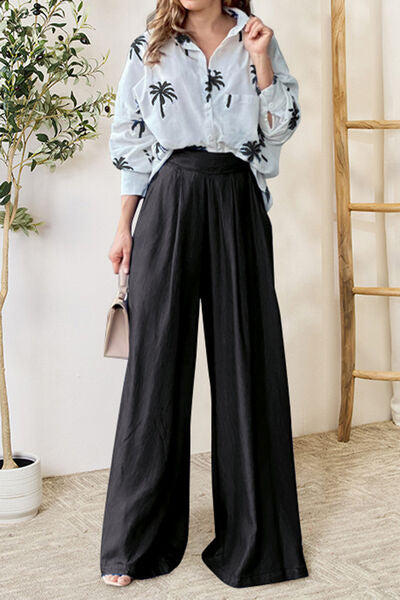 Pocketed Dropped Shoulder Shirt and Wide Leg Pants Set Black