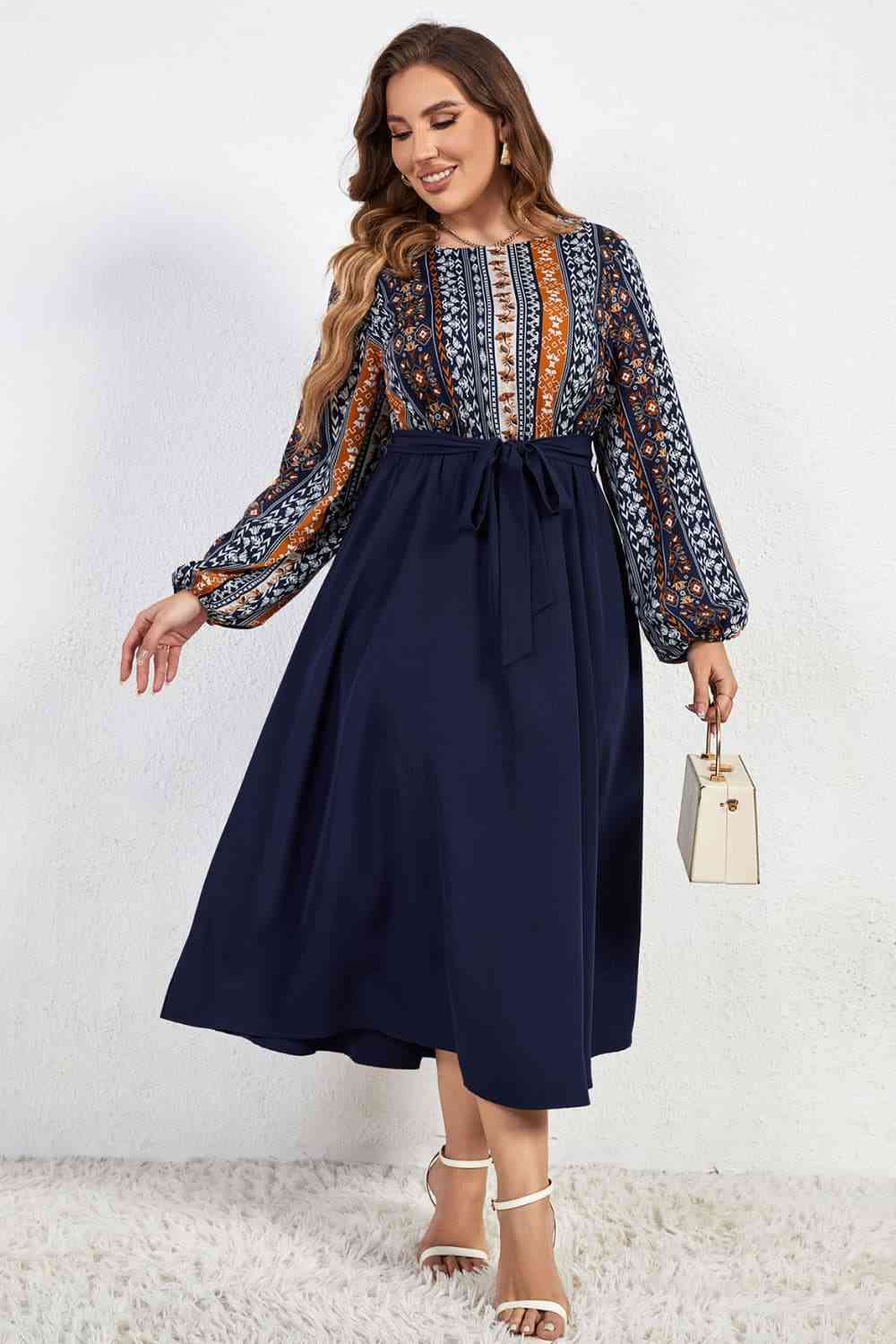 Melo Apparel Plus Size Printed Tie Belt Boat Neck Midi Dress Navy