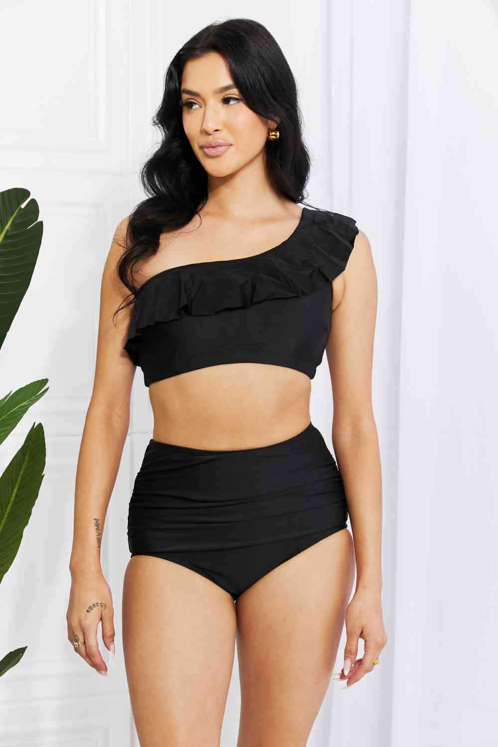 Marina West Swim Seaside Romance Ruffle One-Shoulder Bikini in Black Black