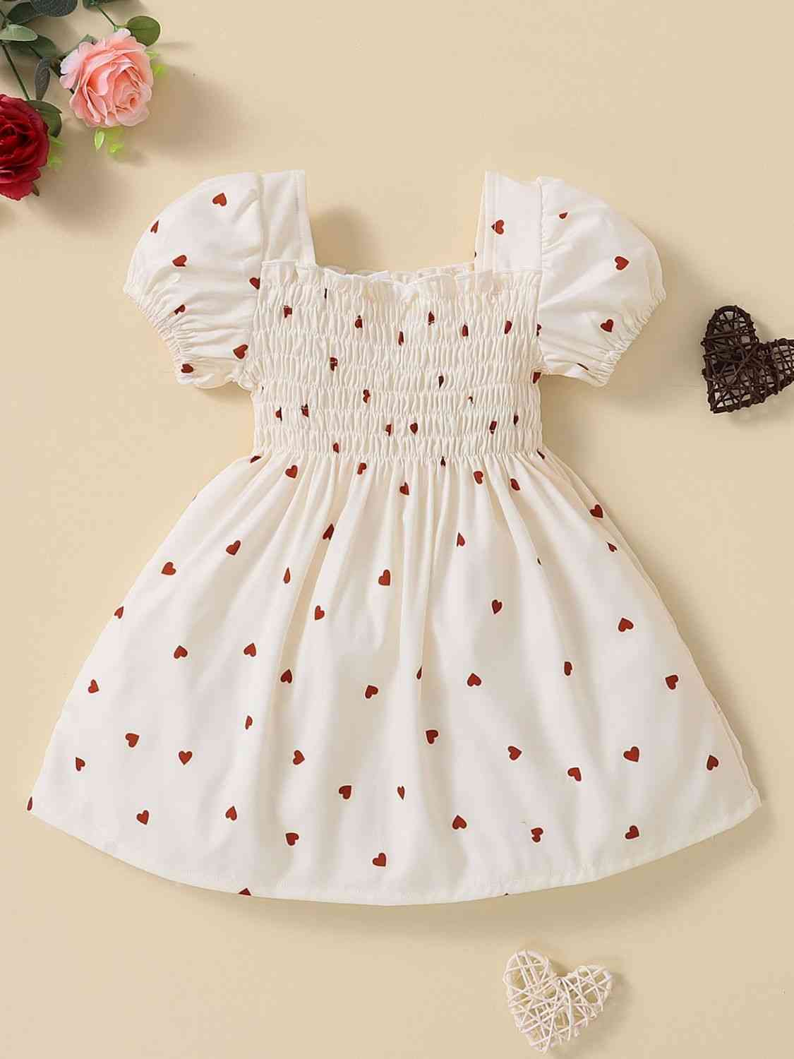 Baby Girl Heart Print Square Neck Dress White