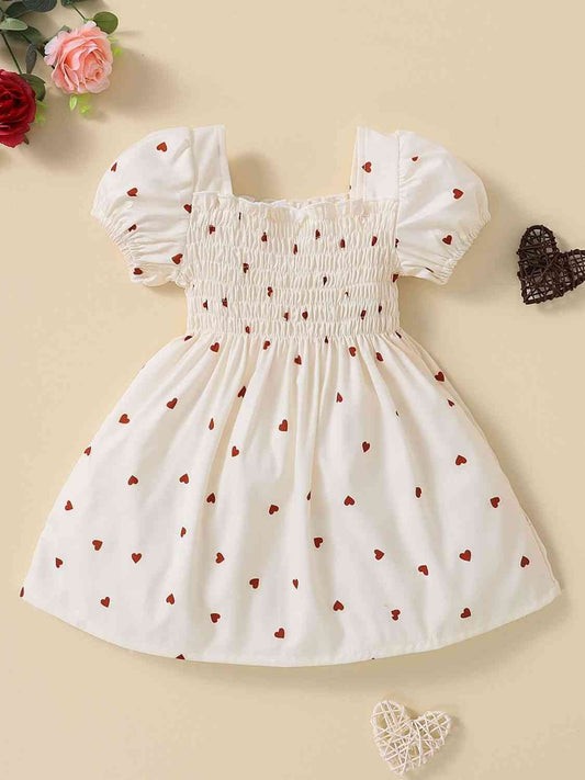 Baby Girl Heart Print Square Neck Dress White