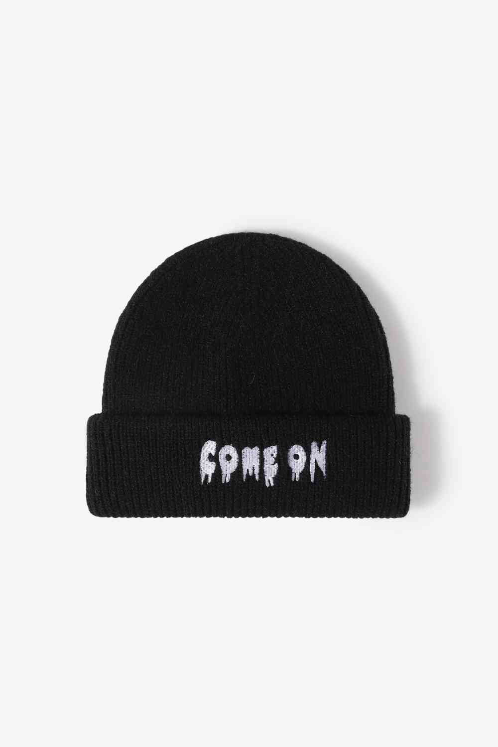 COME ON Embroidered Cuff Knit Beanie Black One Size