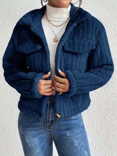 Fuzzy Button Up Collared Neck Jacket Cobald Blue