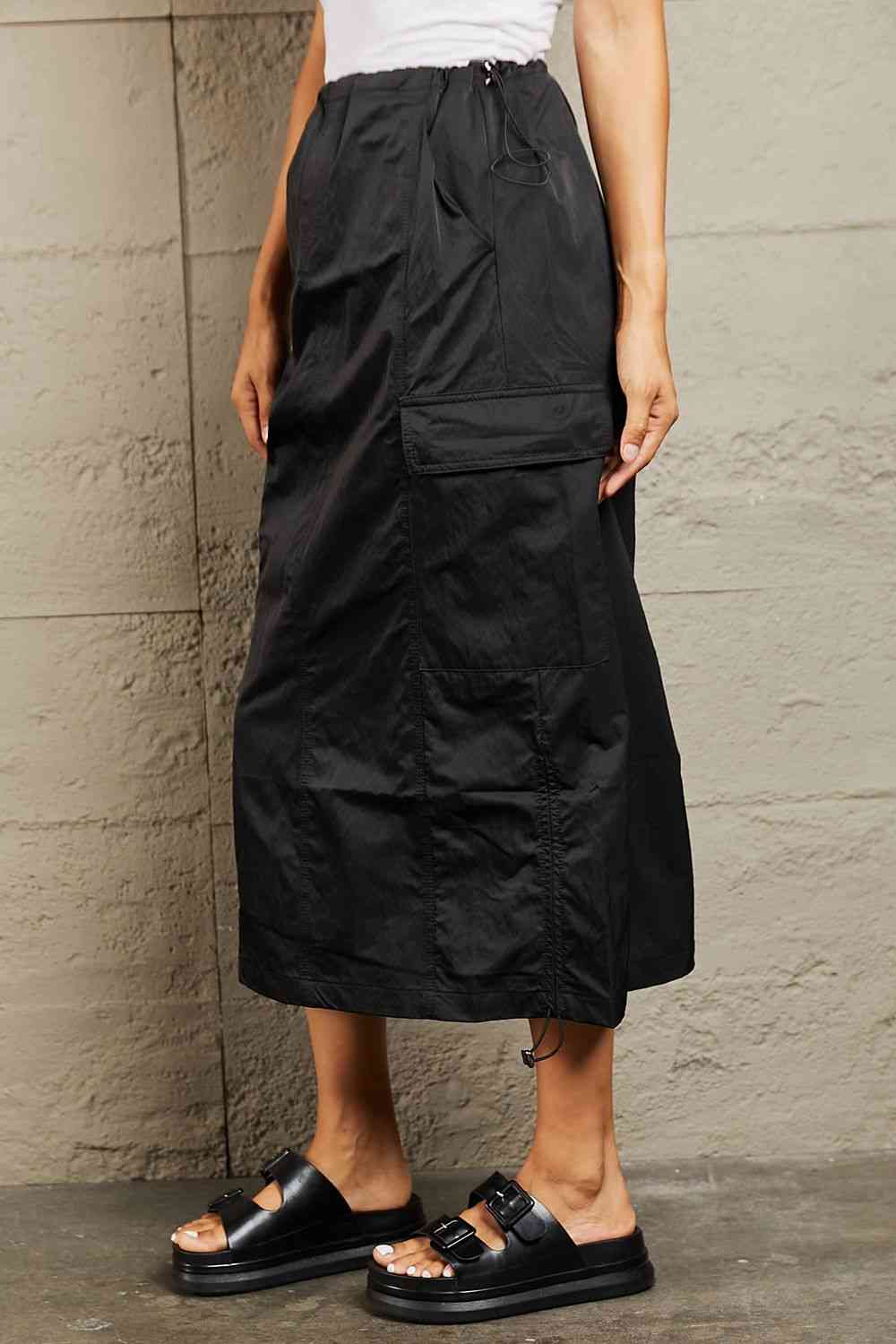 HYFVE Just In Time High Waisted Cargo Midi Skirt in Black