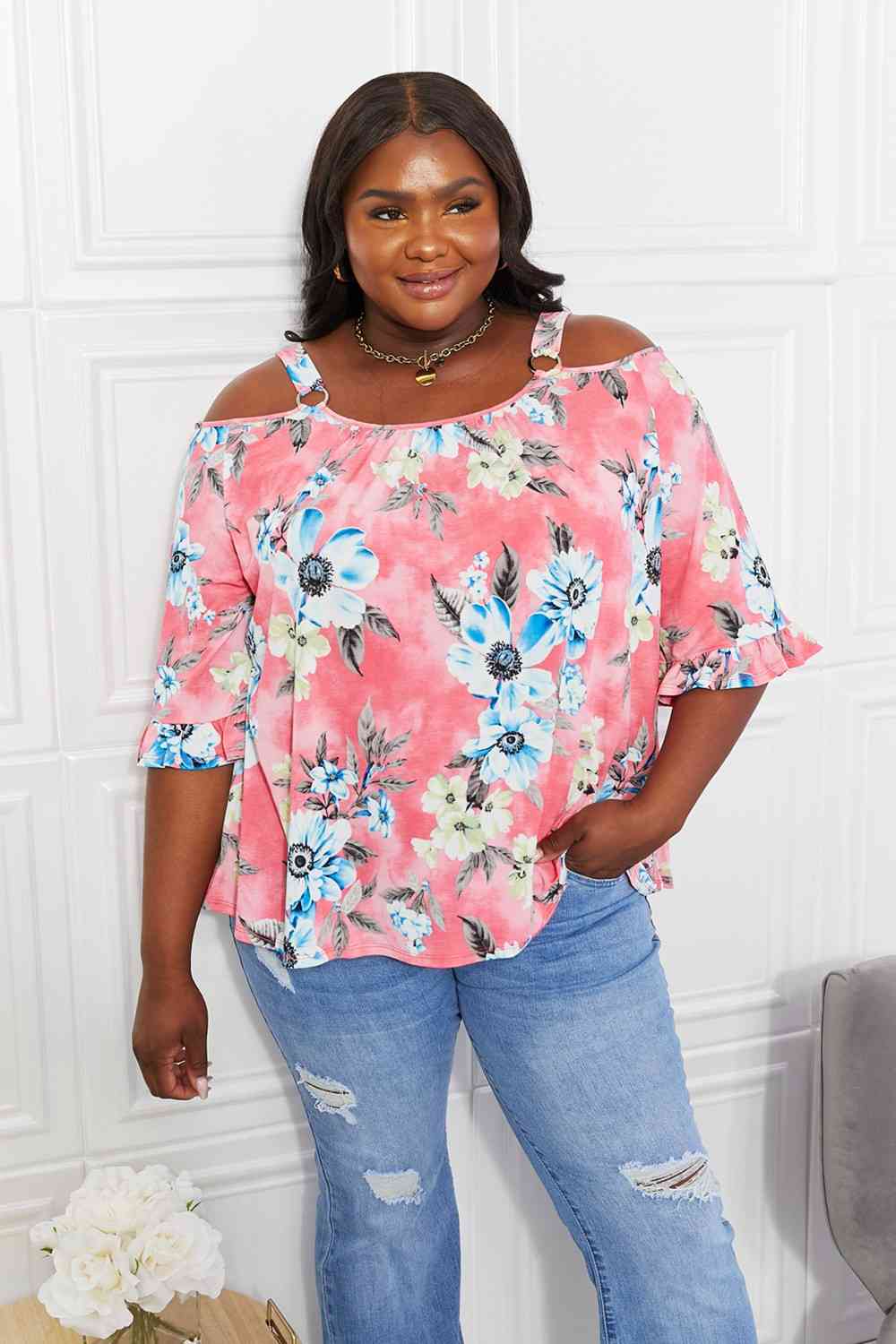 Sew In Love Full Size Fresh Take Floral Cold-Shoulder Top Rouge Pink