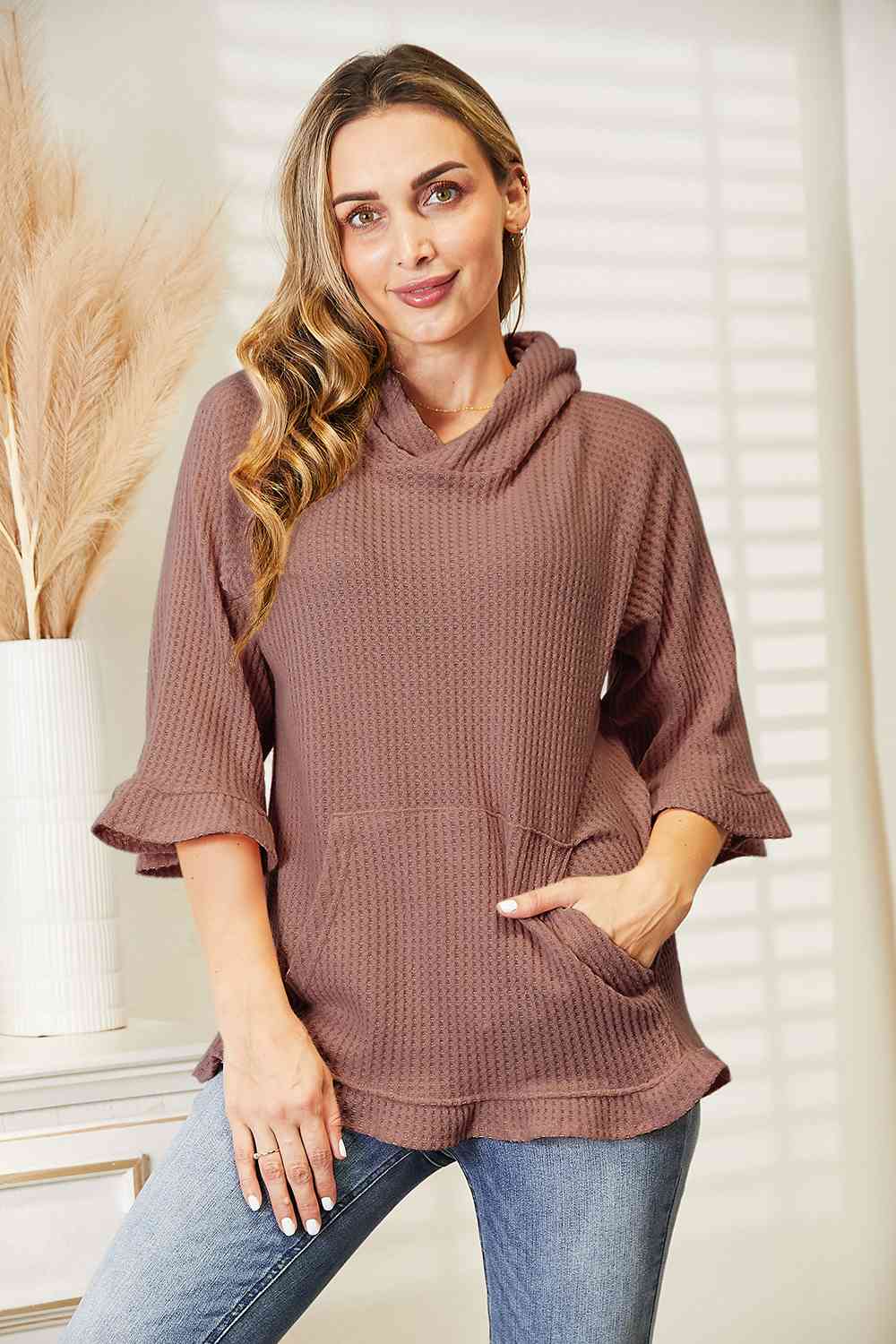 Full Size Waffle-Knit Ruffle Hem Hoodie Light Mauve