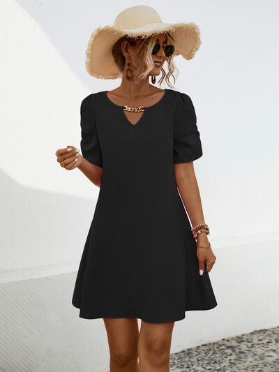 Chain Notched Short Sleeve Dress Black