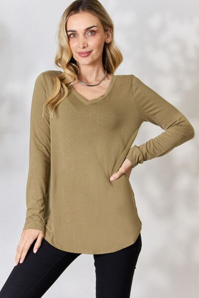 Zenana Full Size V-Neck Long Sleeve T-Shirt Khaki