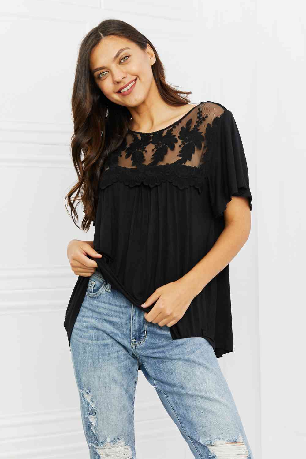 Culture Code Ready To Go Full Size Lace Embroidered Top in Black Black