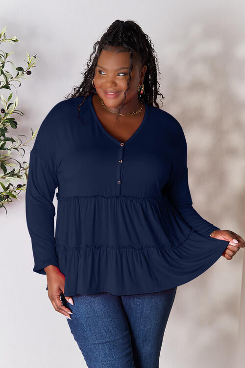 Double Take Half Button Long Sleeve Ruffle Hem Blouse Dark Navy