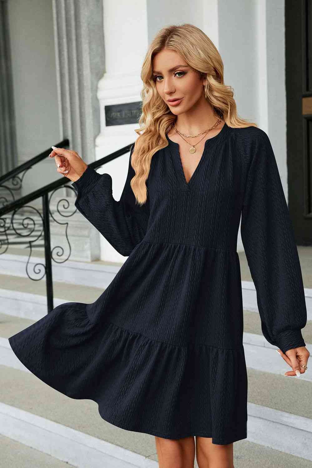 Notched Neck Long Sleeve Mini Dress