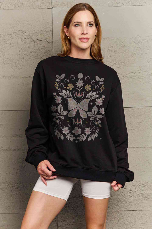 Simply Love Simply Love Full Size Flower and Butterfly Graphic Sweatshirt Black