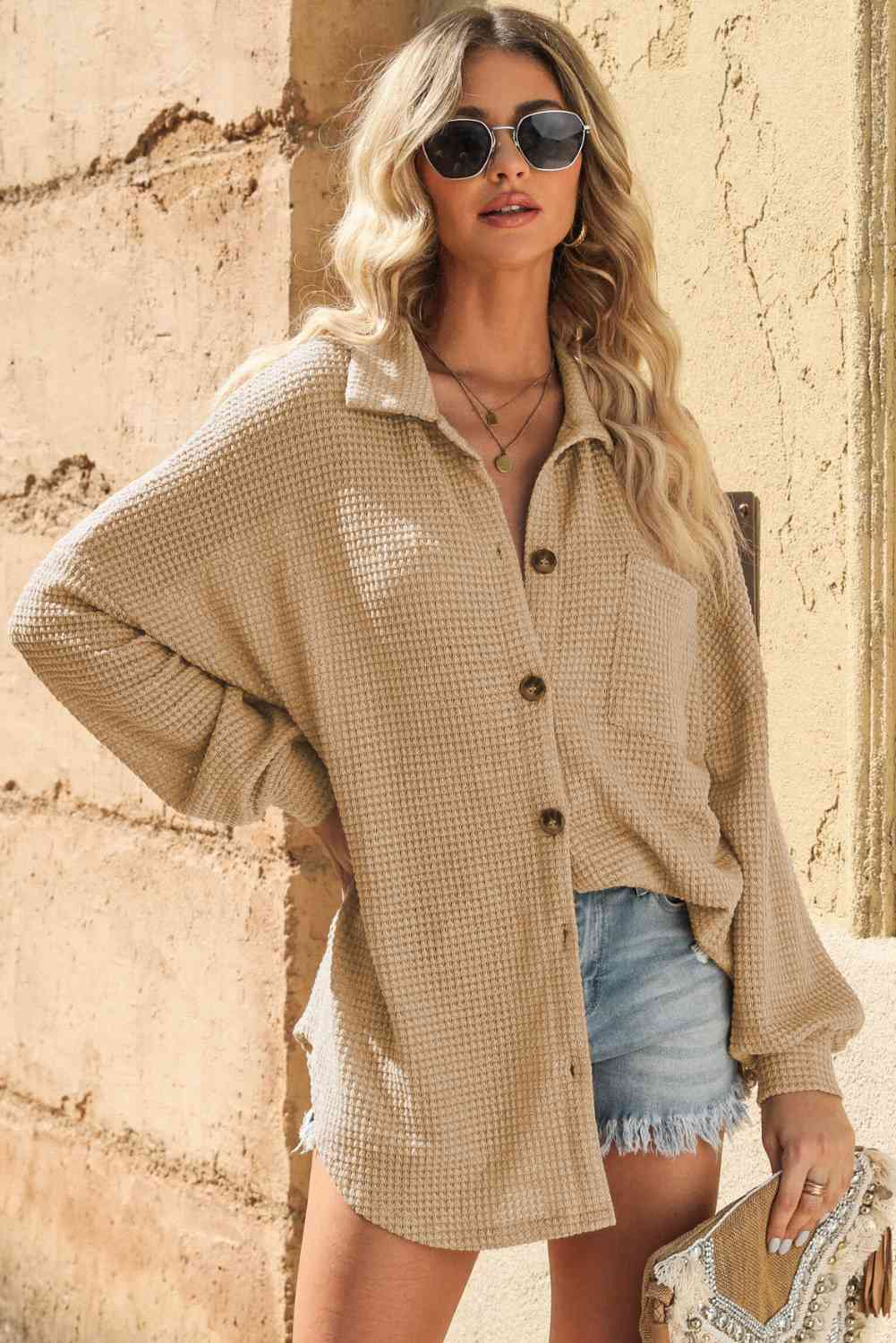 Waffle-Knit Collared Neck Dropped Shoulder Shirt Sand