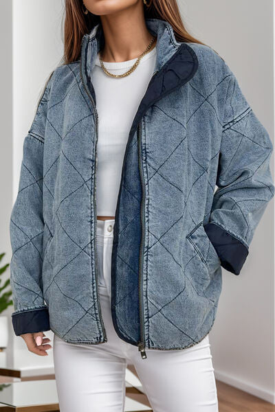 Pocketed Zip Up Dropped Shoulder Denim Jacket Dusty Blue