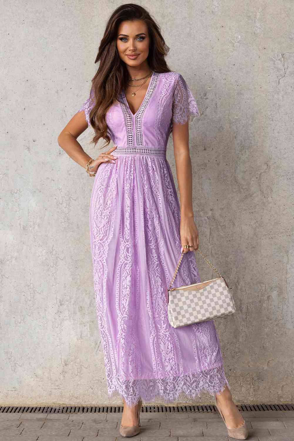 Scalloped Trim Lace Plunge Dress Lavender