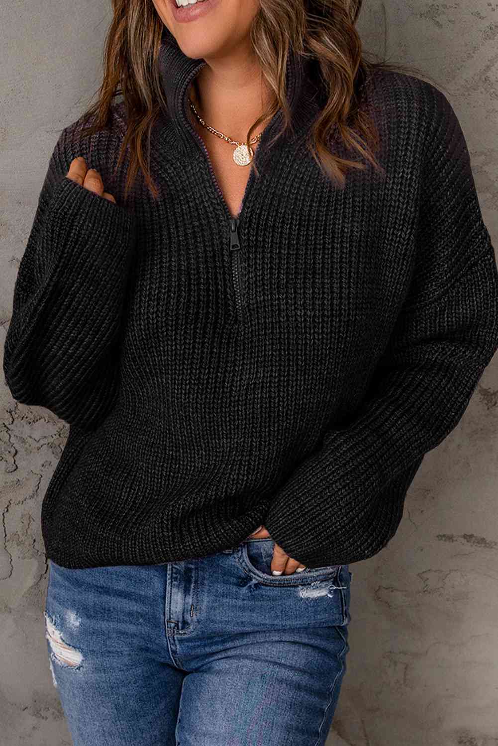 Woven Right Half Zip Rib-Knit Dropped Shoulder Sweater Black