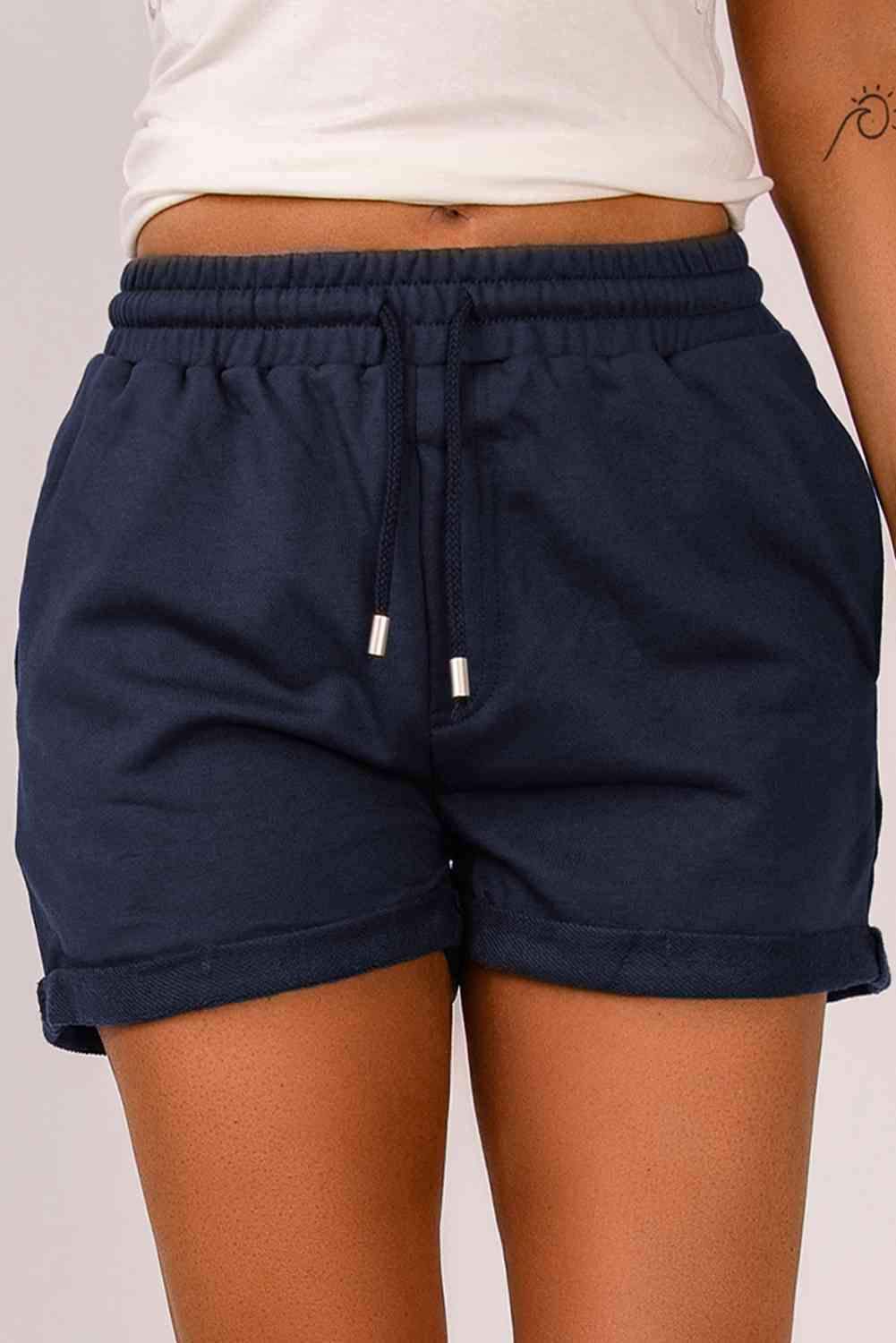 Drawstring Waist Cuffed Shorts Navy