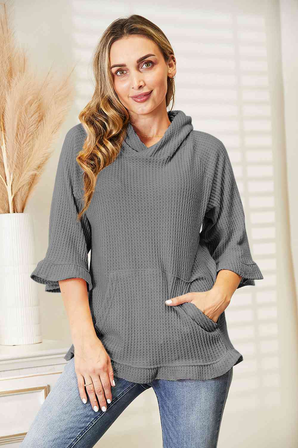 Full Size Waffle-Knit Ruffle Hem Hoodie Charcoal