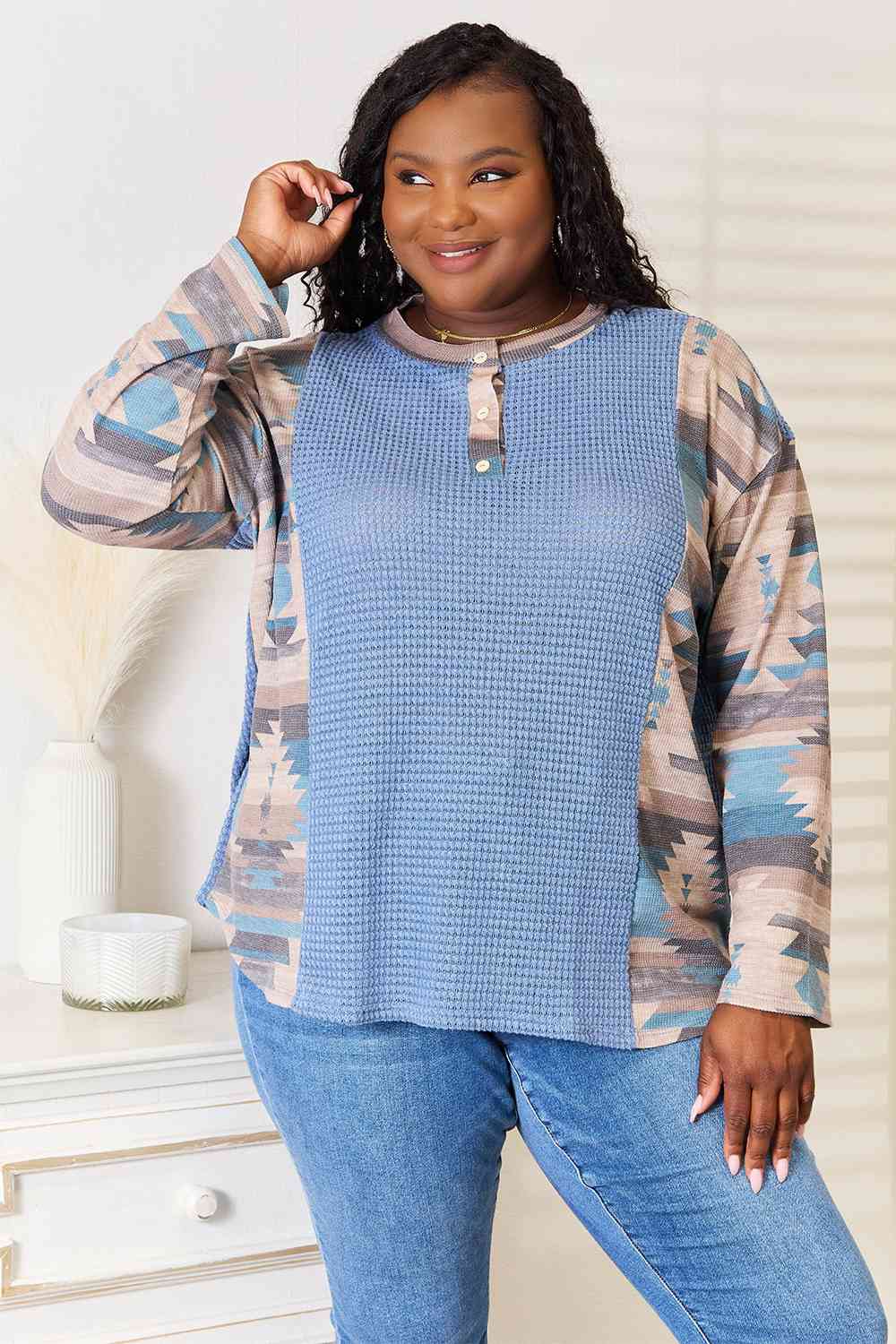 Sew In Love Full Size Waffle Knit Tribal Print Top Sky Blue