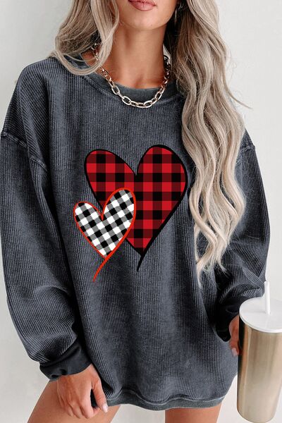 Heart Round Neck Dropped Shoulder Sweatshirt Charcoal