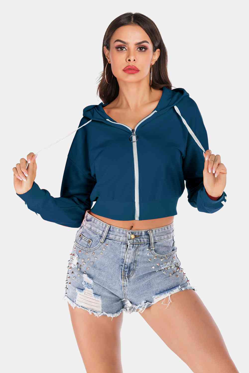 Side Stripe Drawstring Cropped Hooded Jacket Indigo