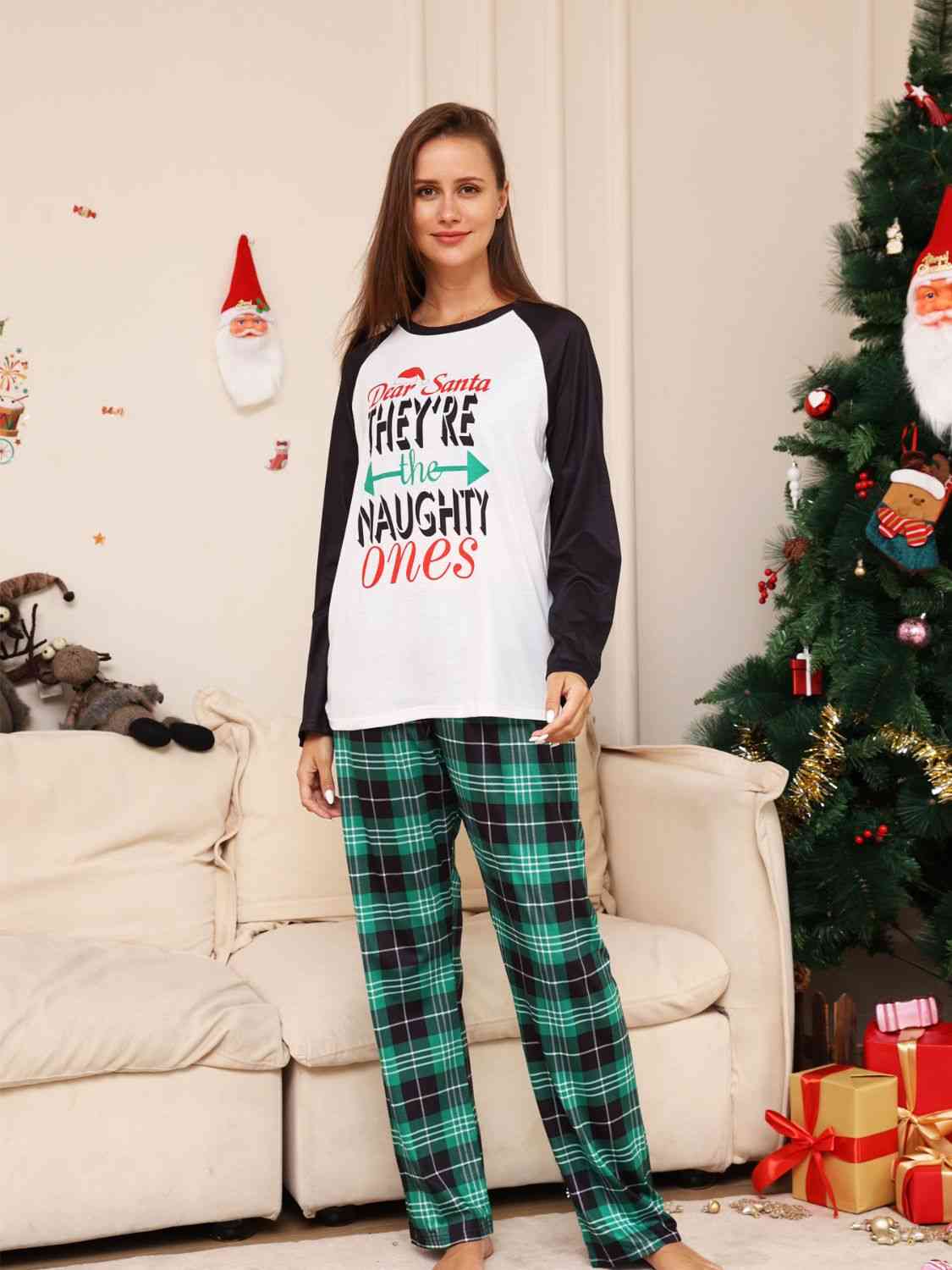 Full Size Graphic Top and Plaid Pants Set Green