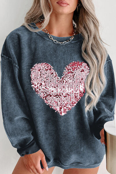 Plus Size Heart Sequin Round Neck Sweatshirt French Blue