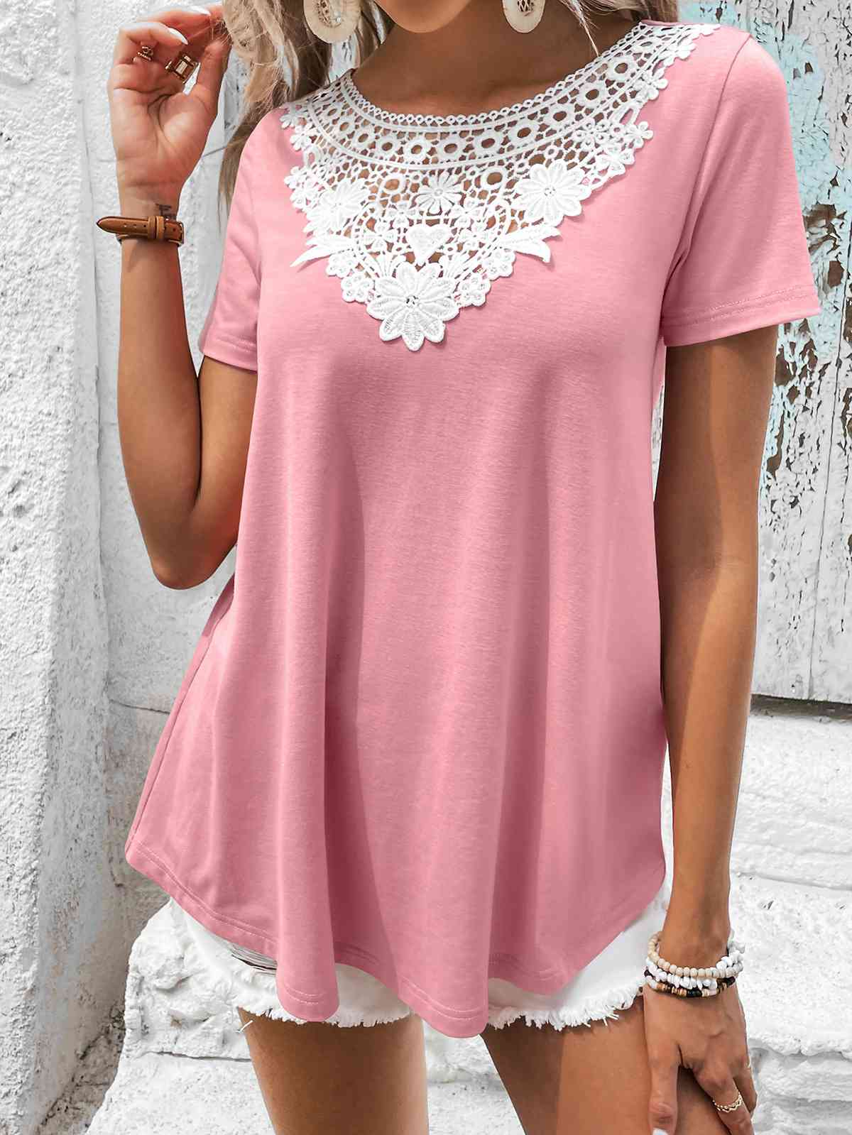 Spliced Lace Contrast Short Sleeve Top Carnation Pink