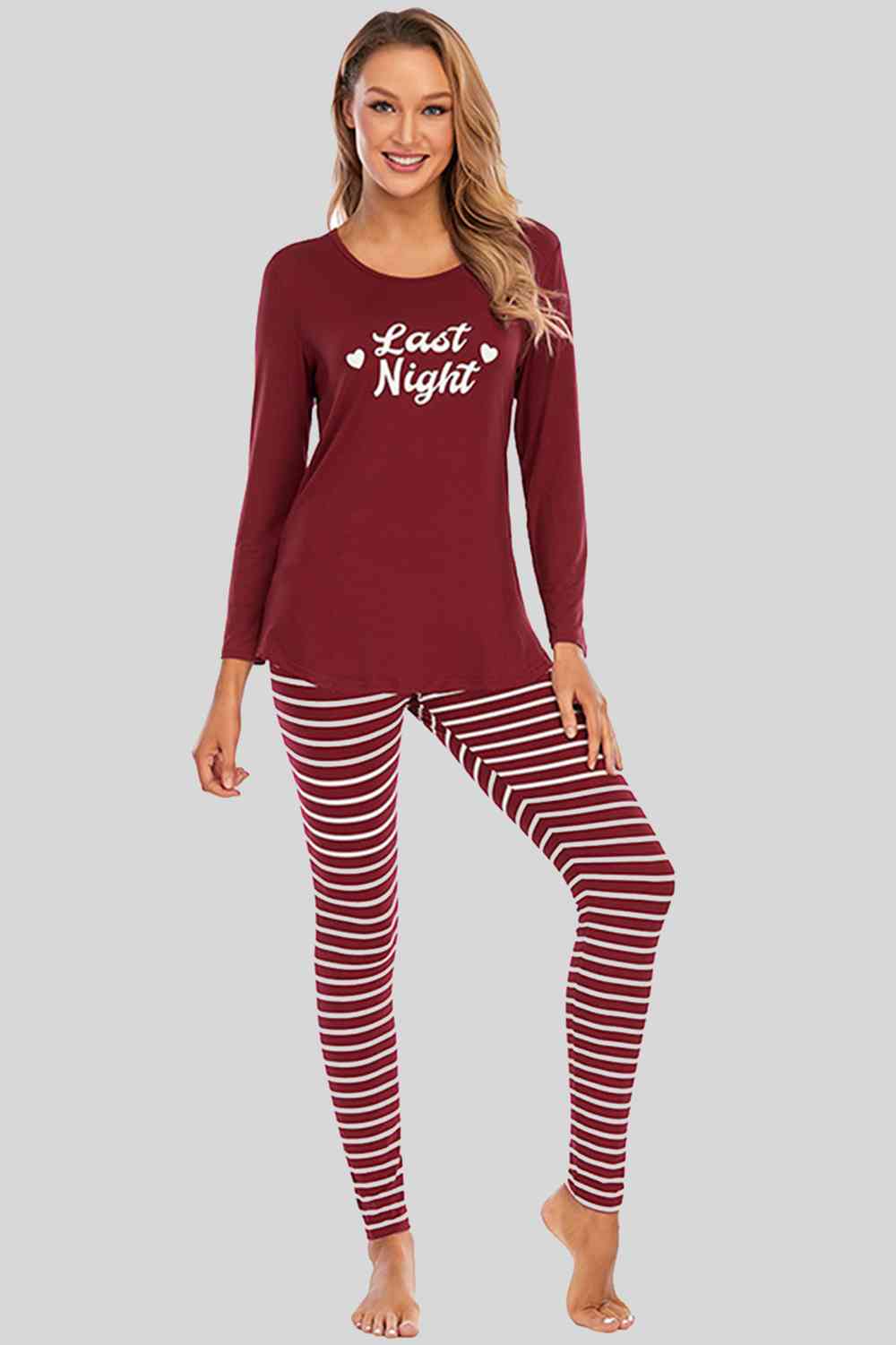 Graphic Round Neck Top and Striped Pants Set Wine