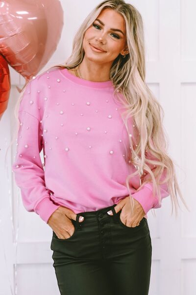 Pearl Round Neck Dropped Shoulder Sweatshirt Carnation Pink