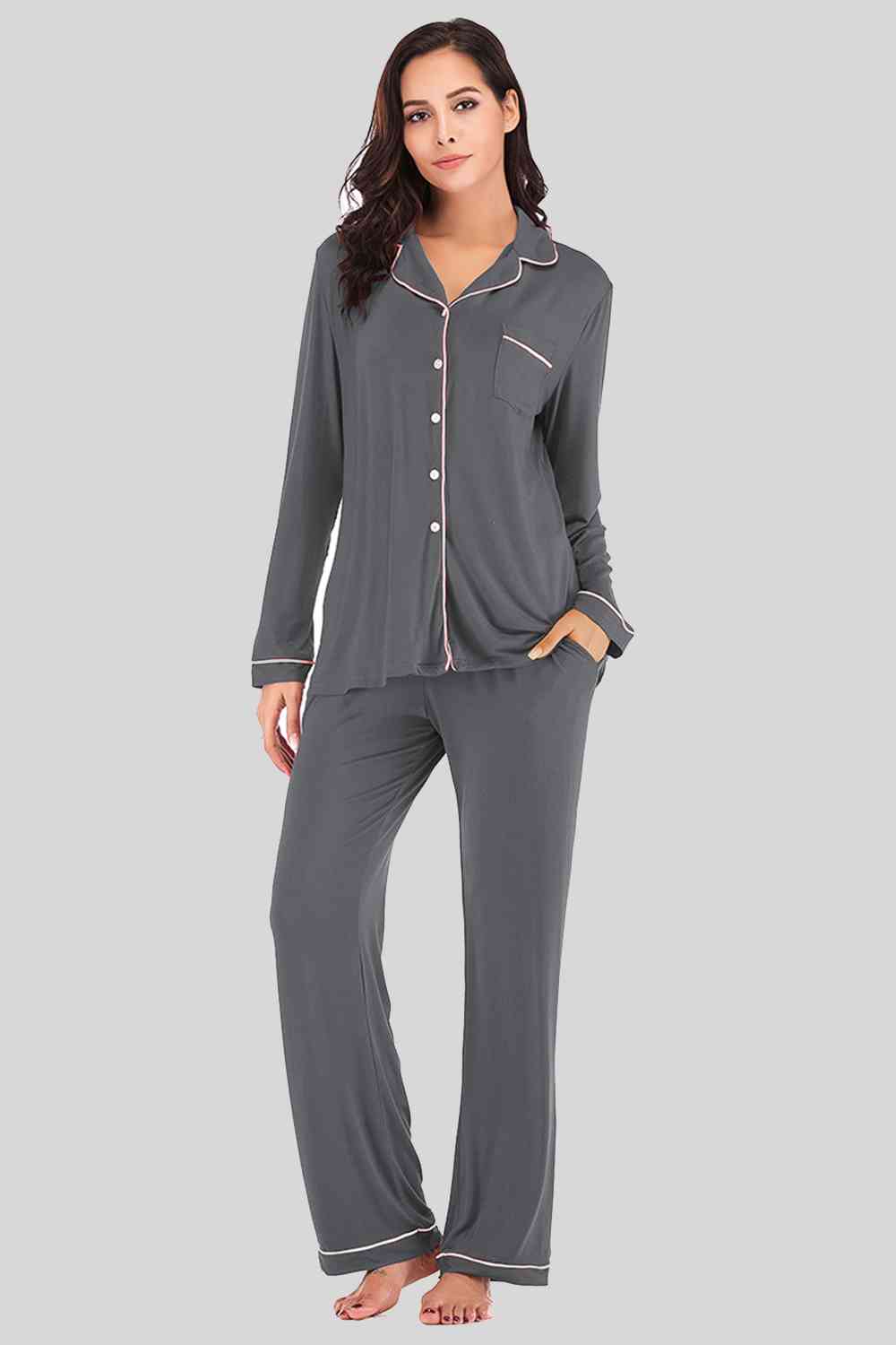 Collared Neck Long Sleeve Loungewear Set with Pockets Charcoal