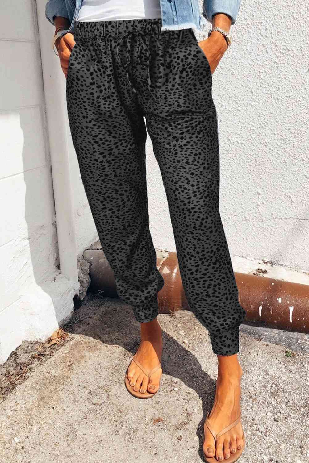 Double Take Leopard Print Joggers with Pockets Black