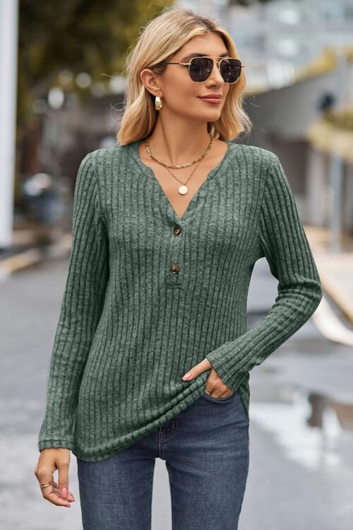 Ribbed Half Button Long Sleeve Knit Top Moss