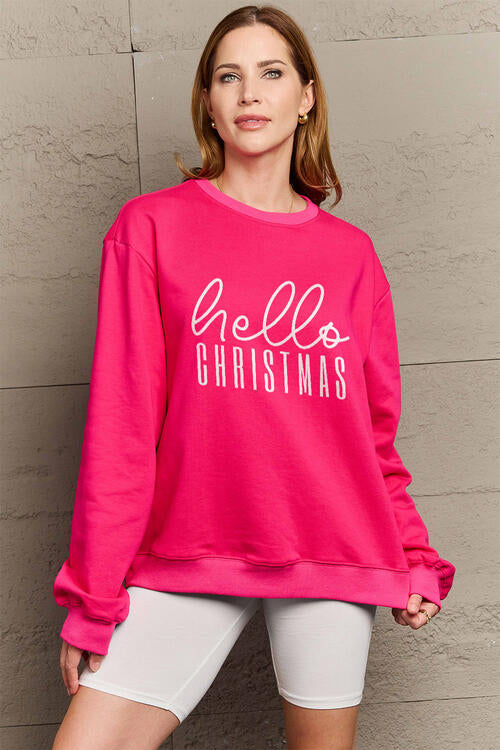 Simply Love Full Size HELLO CHRISTMAS Long Sleeve Sweatshirt Deep Rose