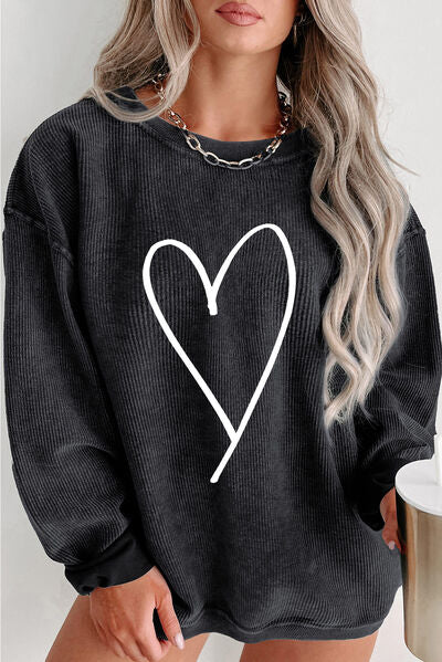 Plus Size Heart Ribbed Round Neck Sweatshirt Black