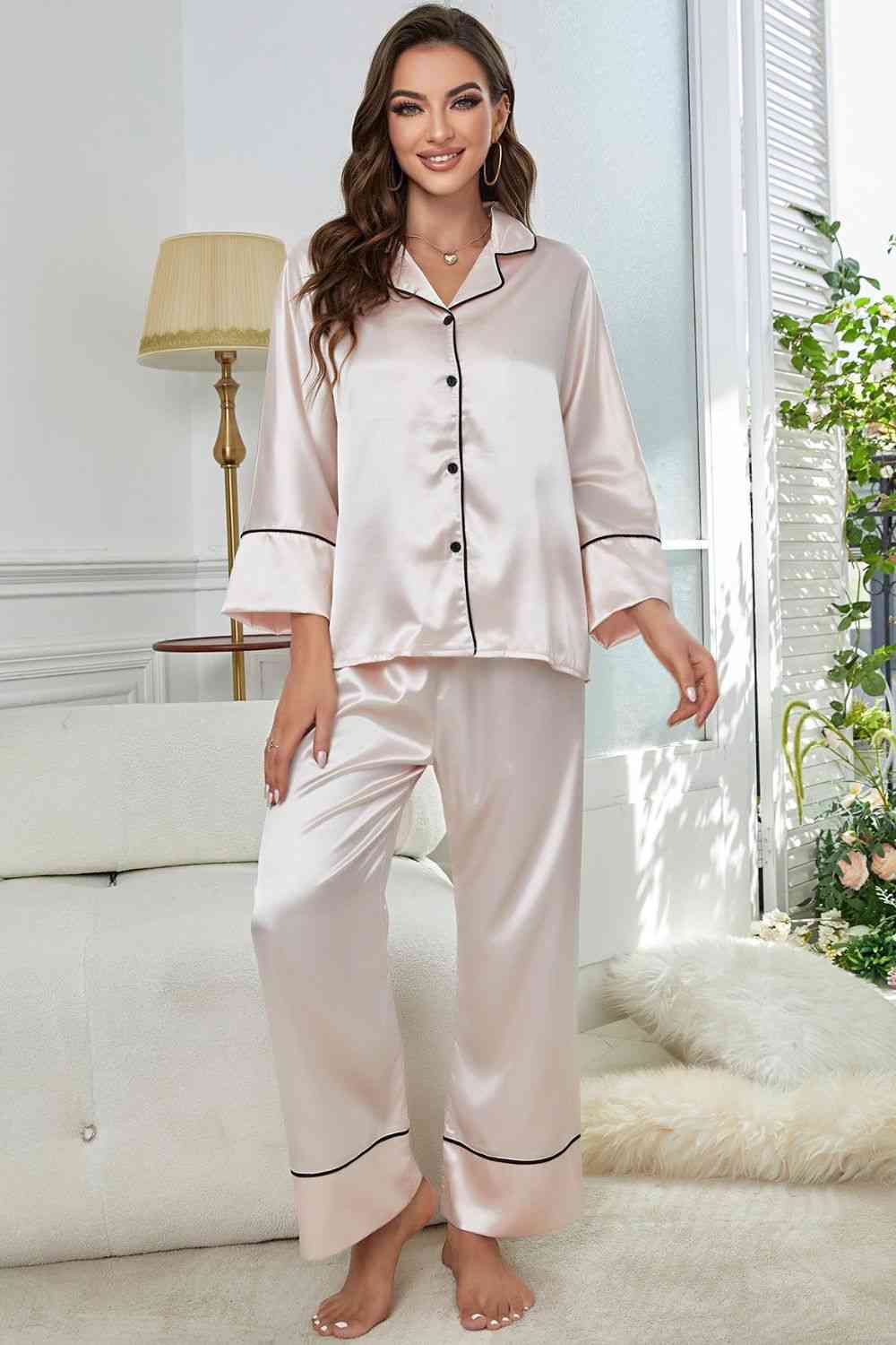 Contrast Piping Button-Up Top and Pants Pajama Set Beige