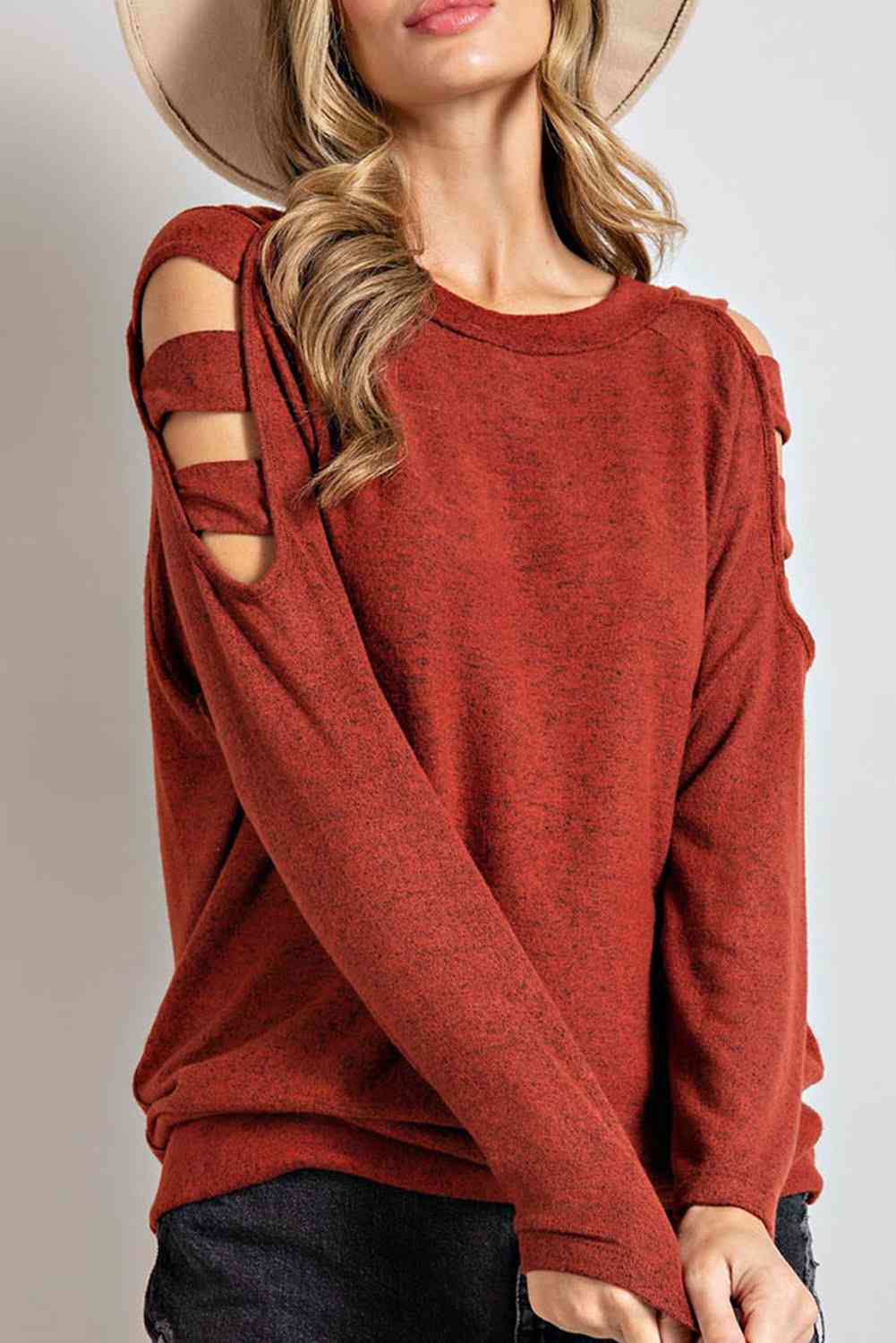 Cutout Round Neck Long Sleeve Blouse Brick Red