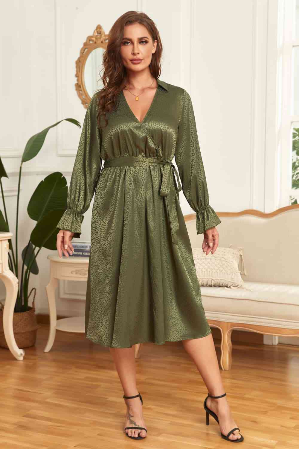 Melo Apparel Plus Size Surplice Neck Tie Belt Flounce Sleeve Midi Dress Moss