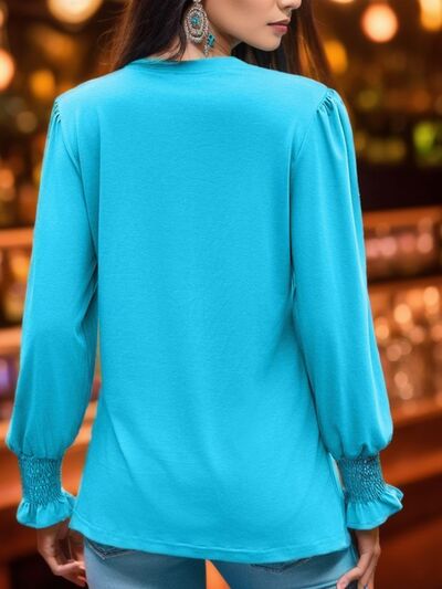 Notched Smocked Flounce Sleeve Blouse