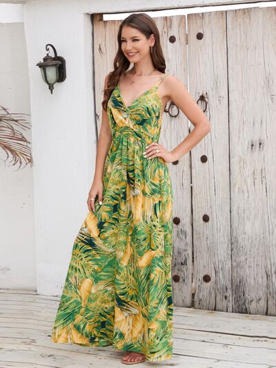 Printed Surplice Spaghetti Strap Dress Chartreuse