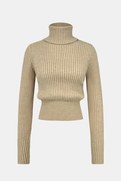 Ribbed Turtleneck Long Sleeve Sweater Khaki