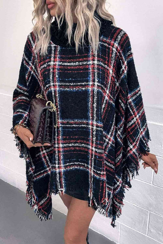 Plaid Turtleneck Fringe Hem Poncho Black One Size